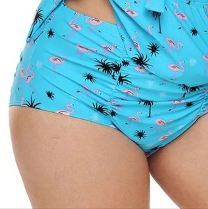 NEW KALEA Flamingo Aqua Blue Swimsuit Bikini Bottom Swim Ruched High Waisted L